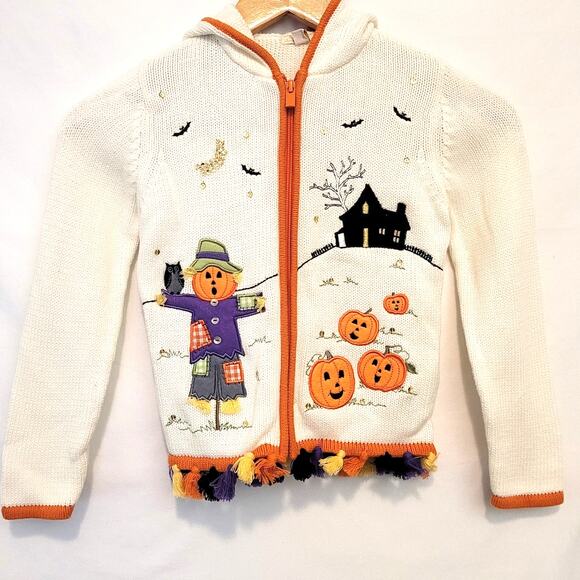 Halloween Pumpkin Sweater Hooded Youth 6/6X Scarecrow House Bat Full Zip Tassels - Picture 1 of 15